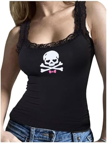 Gothic Skull Print Sleeveless Cami Lace Trim Rib Knit