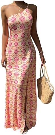 Graphic One Shoulder Boho Maxi Dress Sleeveless Slit
