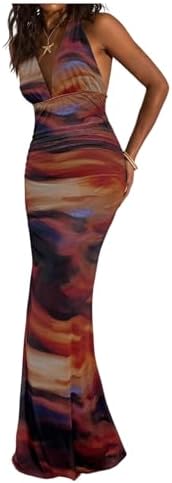 Graphic Sleeveless Halter Maxi Dress Fishtail Bodycon