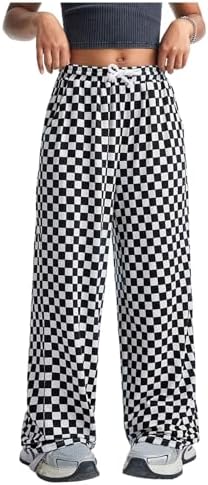Grid Print Drawstring High Waist Checkered Pants Straight