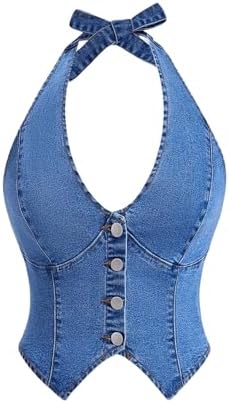 Halter Denim Tank Top Button Down Backless Jean Crop Tops