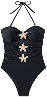 Halter One Piece Swimsuit Starfish Cut Out Ruched Bathing