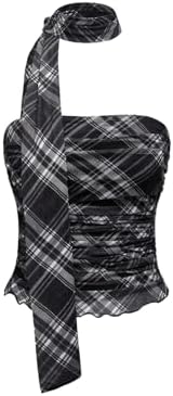 Halter Plaid Sleeveless Tube Tops Ruched Ruffle Hem Y2k