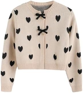 Heart Bow Button Cardigan Crew Neck Long Sleeve Knit Crop