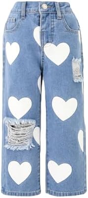 Heart Print Jeans Distressed Ripped Straight Leg Denim