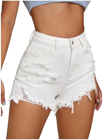 High Waist Distressed Denim Shorts Raw Hem Straight Leg