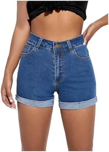 High Waisted Skinny Denim Shorts Straight Leg Stretch