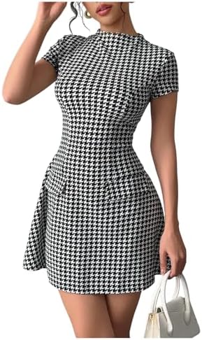 Houndstooth Print High Neck Mini Dress Short Sleeve