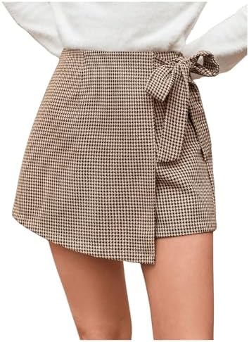 Houndstooth Print Tie Front Asymmetrical Hem Wrap Skorts