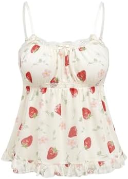 Kawaii Strawberry Print Sleeveless Camisole Ruffle Hem