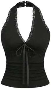 Lace Trim Deep V Neck Halter Top Y2k Ruched Bowknot