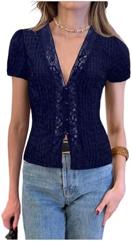 Lace V Neck Blouses Short Sleeve Dressy Casual Button