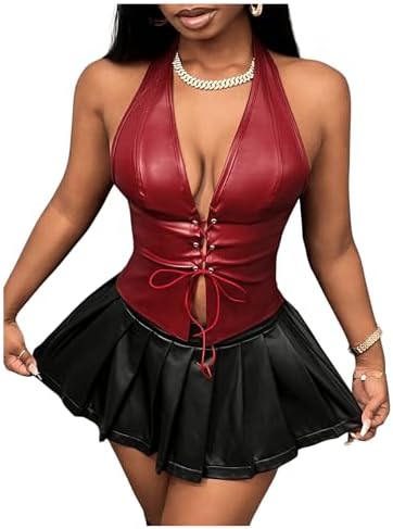 Leather Halter Tops Lace Up Sleeveless Music Festival