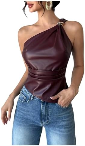 Leather One Shoulder Tank Top Sleeveless Ruched Night Out