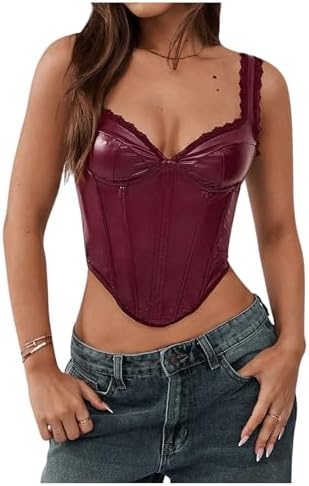 Leather Sleeveless Crop Cami Top Asymmetrical Hem Retro