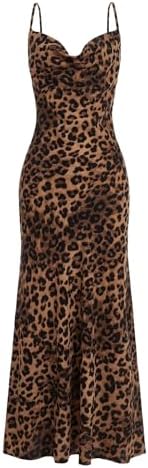 Leopard Print Draped Collar Spaghetti Strap Cami Long