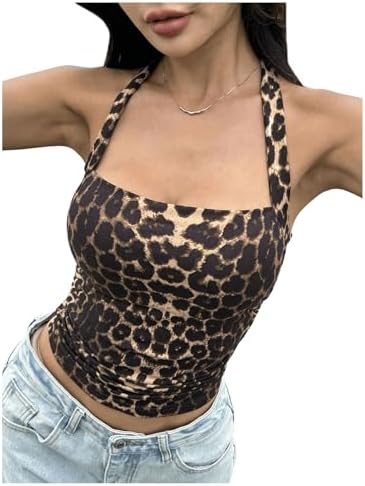 Leopard Print Halter Top Y2k Sleeveless Vintage Club Crop