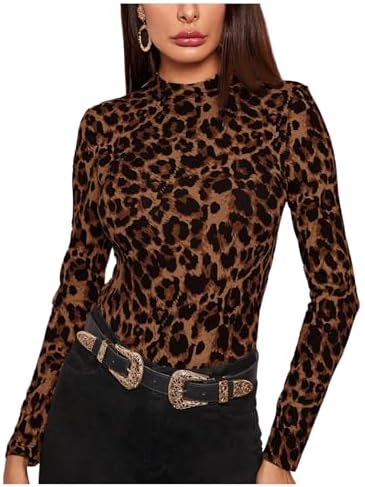 Leopard Print Long Sleeve Mock Neck Slim T-Shirt Tops