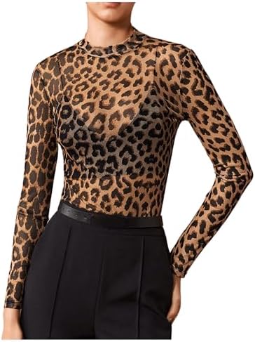 Leopard Print Mesh Sheer Long Sleeve Tee Shirts Without