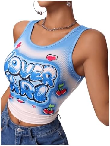 Letter Print Scoop Neck Shirts Sleeveless Y2k Ribbed Tank