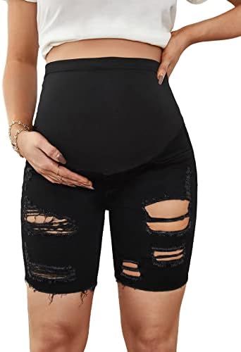 Maternity Ripped Roll Hem Jeans Pregnant Denim Shorts
