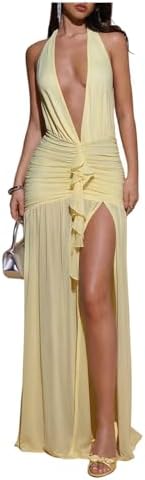 Mesh Backless Halter Maxi Dress Split Ruffle Trim Going