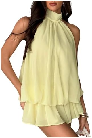 Mesh Tie Knot Backless Ruffle Hem Halter Mini Dresses