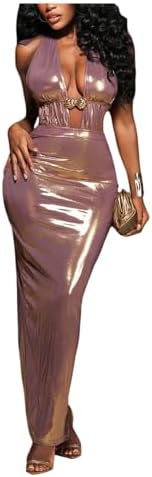 Metallic Halter Maxi Dress Tie Backless Bodycon Party