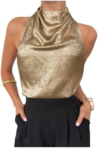 Metallic Sleeveless Draped Halter Tops Tie Backless Party