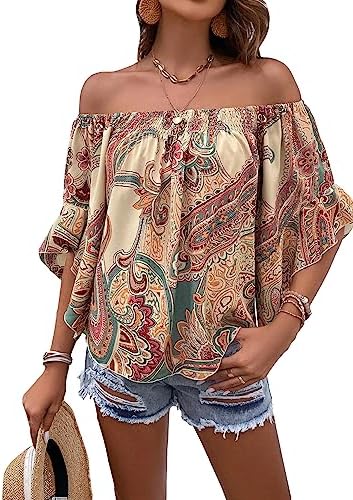 Off Shoulder Flounce Sleeve Boho Printed Summer Blouse Top