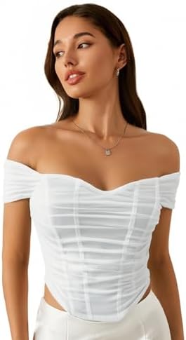 Off Shoulder Short Sleeve Ruched Corset Crop Going Out Top