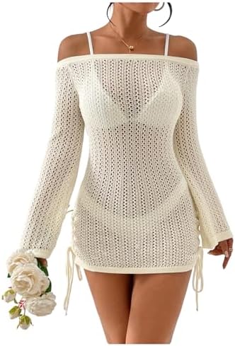 Off The Shoulder Crochet Cover Up Dress Drawstring