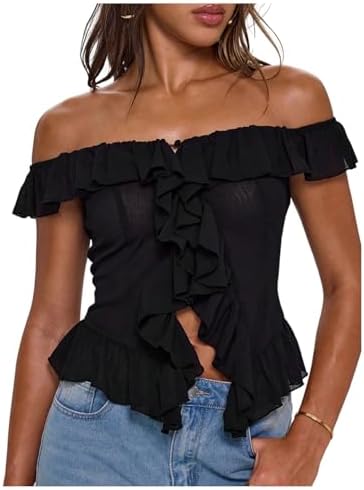 Off The Shoulder Short Sleeve Ruffle Mesh Fitted Blouse