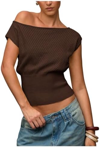 Off The Shoulder Sweaters Short Sleeve Asymmetrical Rib