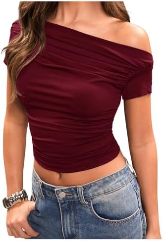 Off The Shoulder Y2k T Shirts Short Sleeve Ruched Going