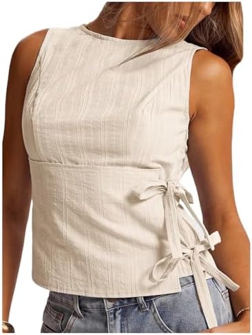 Old Money Side Tie Tank Top Crew Neck Sleeveless Casual