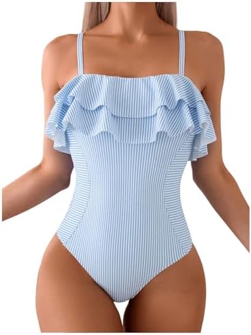 One Piece Swimsuit Ruffle Trim Striped Print Monokini