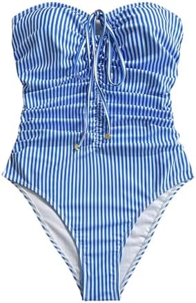 One Piece Swimsuit Striped Ruched Strapless Bandeau