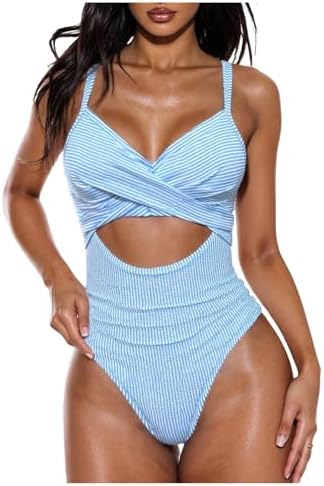 One Piece Swimsuit Striped Twist Cut Out Tummy Control