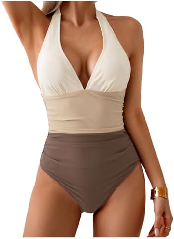 One Piece Swimsuits Colorblock Lace Up Halter Tummy