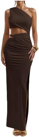 One Shoulder Cutout Bodycon Maxi Wedding Guest Dress