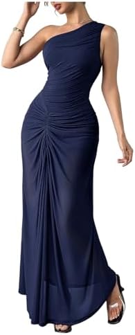 One Shoulder Mesh Bodycon Maxi Dress Ruched Sleeveless