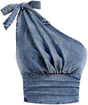 One Shoulder Sleeveless Denim Vest Bowknot Ruched Y2k