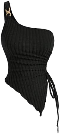 One Shoulder Sleeveless Knitted Drawstring Asymmetrical
