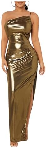 One Shoulder Sleeveless Ruched Slit Hem Metallic Bodycon