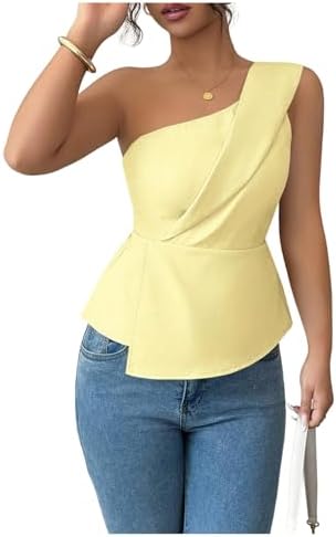 One Shoulder Tank Tops Sleeveless Ruffle Hem Smocked