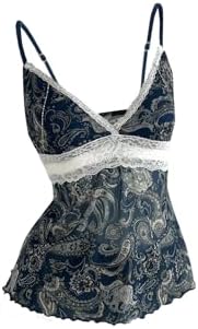 Paisley Print V Neck Mesh Lace Trim Cami Tops