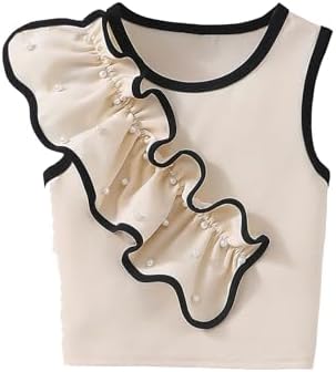 Pearl Beaded Ruffle Trim Tank Top Sleeveless Crew Neck