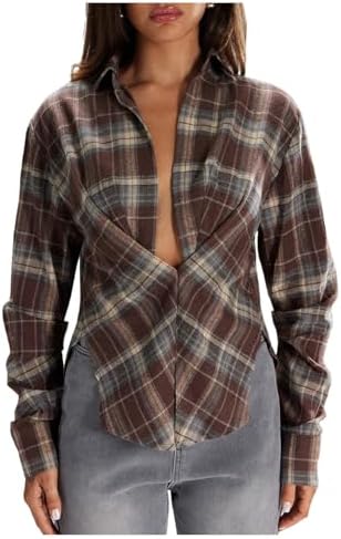 Plaid Button Down Collared Long Sleeve Shirt Blouse Top