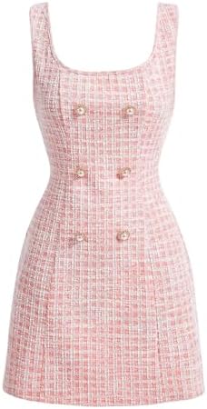 Plaid Tweed Sleeveless Square Neck Elegant Work Mini Dress